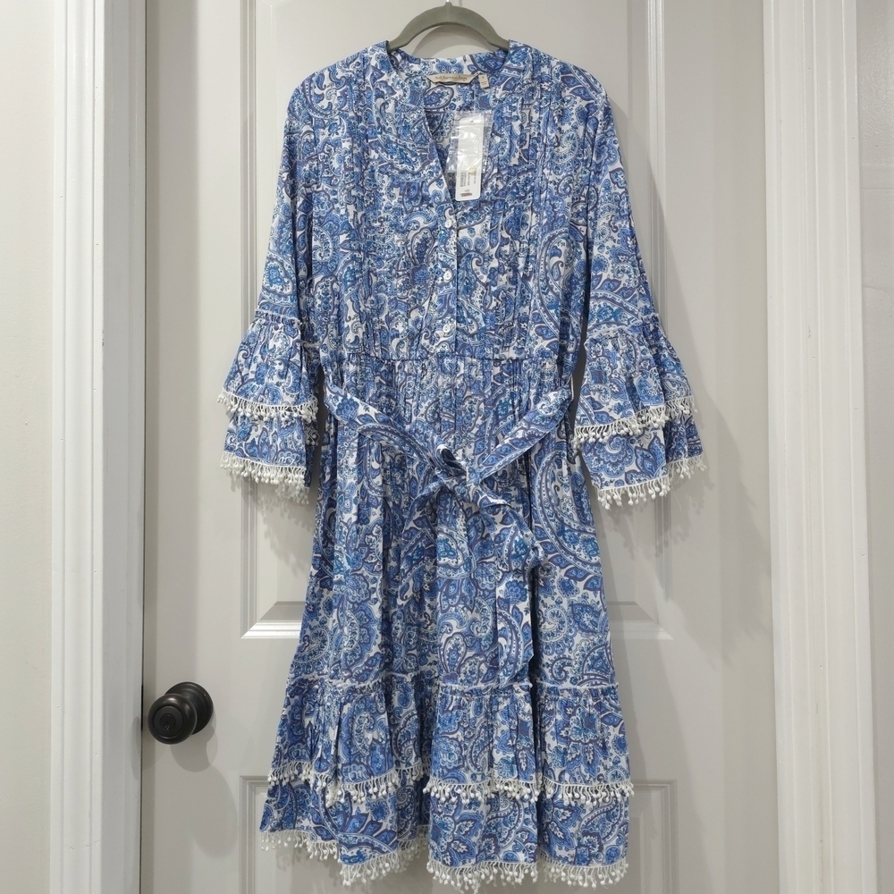 Cottage Core Blue White Paisley Dress Lace Trim, Bell Sleeves, Tiered Hem - Picture 2 of 16